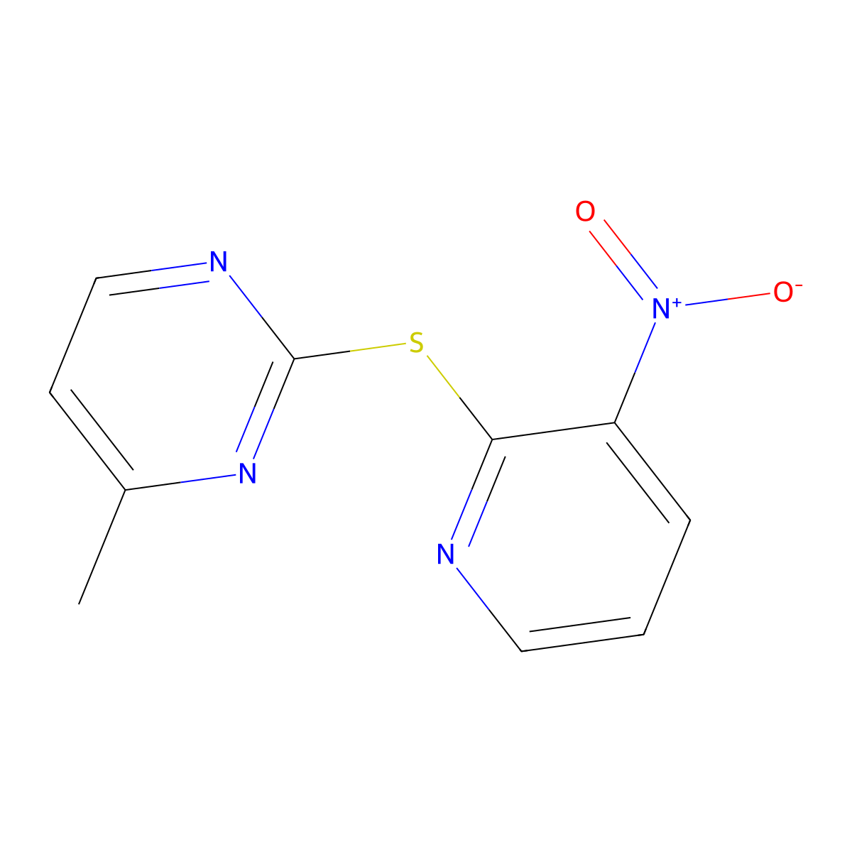 Pyrimidine, 4-methyl-2-((3-nitro-2-pyridinyl)thio)- molecular structure, CAS 73768-44-2