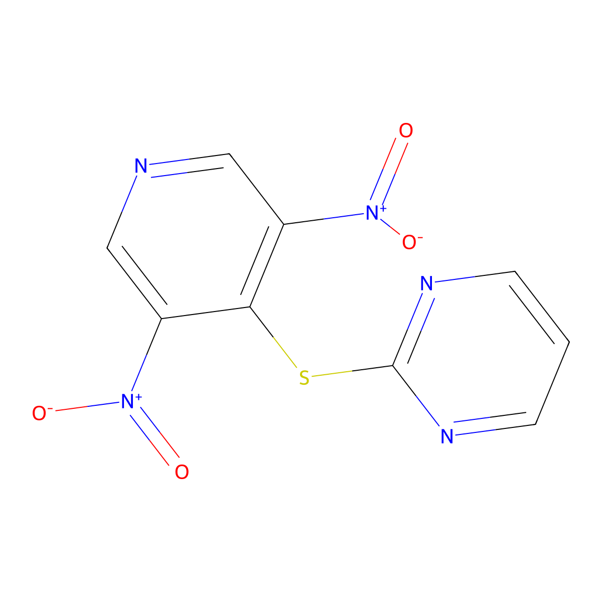Pyrimidine, 2-((3,5-dinitro-4-pyridinyl)thio)- molecular structure, CAS 73768-52-2