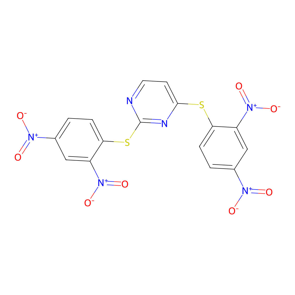 Pyrimidine, 2,4-bis((2,4-dinitrophenyl)thio)- molecular structure, CAS 73768-66-8