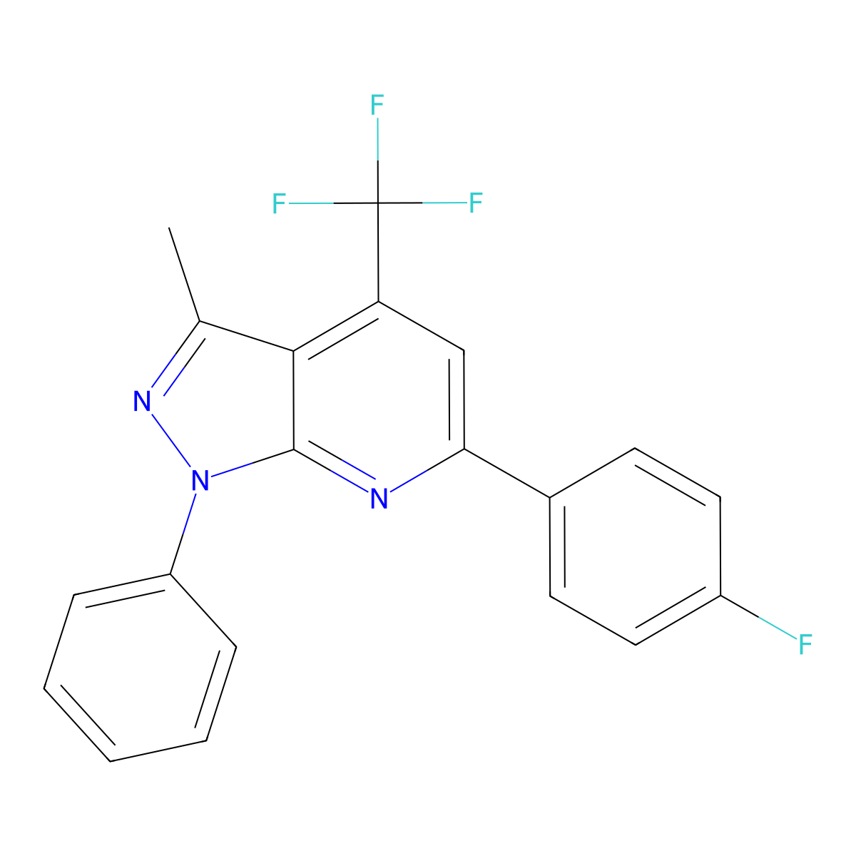 6-(4-fluorophenyl)-3-methyl-1-phenyl-4-(trifluoromethyl)-1H-pyrazolo[3,4-b]pyridine molecular structure, CAS 737769-63-0