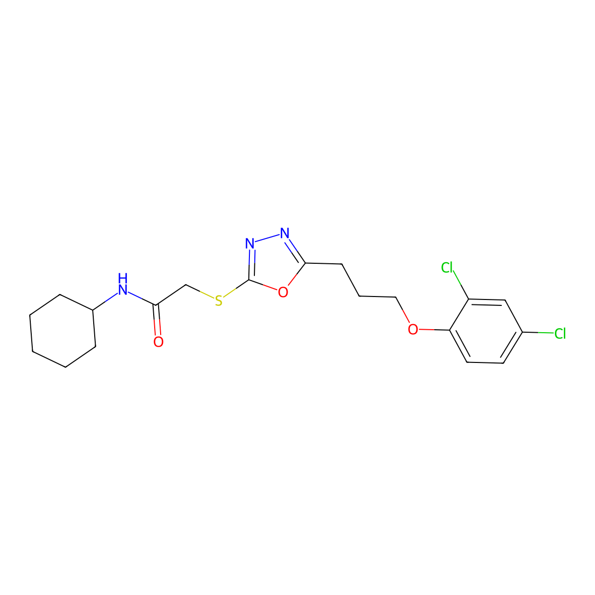 N-cyclohexyl-2-[[5-[3-(2,4-dichlorophenoxy)propyl]-1,3,4-oxadiazol-2-yl]sulfanyl]acetamide molecular structure, CAS 737771-82-3