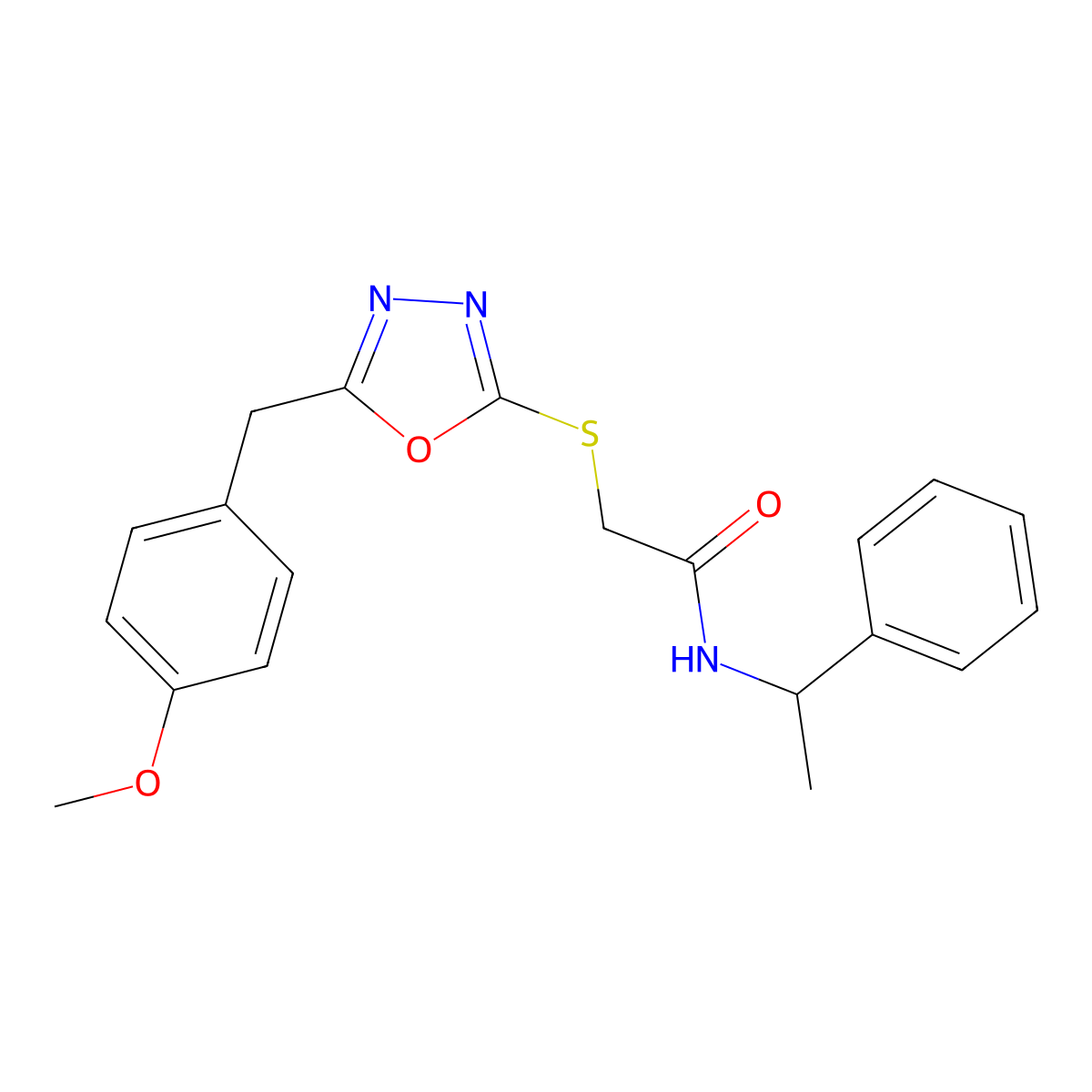 2-{[5-(4-methoxybenzyl)-1,3,4-oxadiazol-2-yl]sulfanyl}-N-(1-phenylethyl)acetamide molecular structure, CAS 737773-11-4