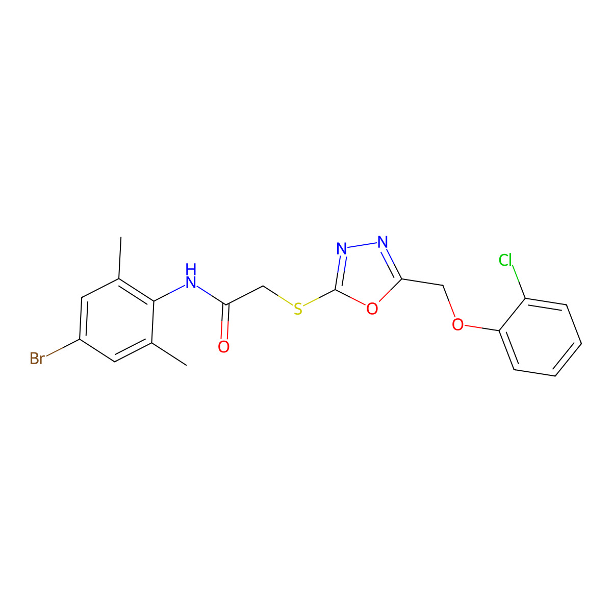 N-(4-bromo-2,6-dimethylphenyl)-2-({5-[(2-chlorophenoxy)methyl]-1,3,4-oxadiazol-2-yl}sulfanyl)acetamide molecular structure, CAS 737774-16-2