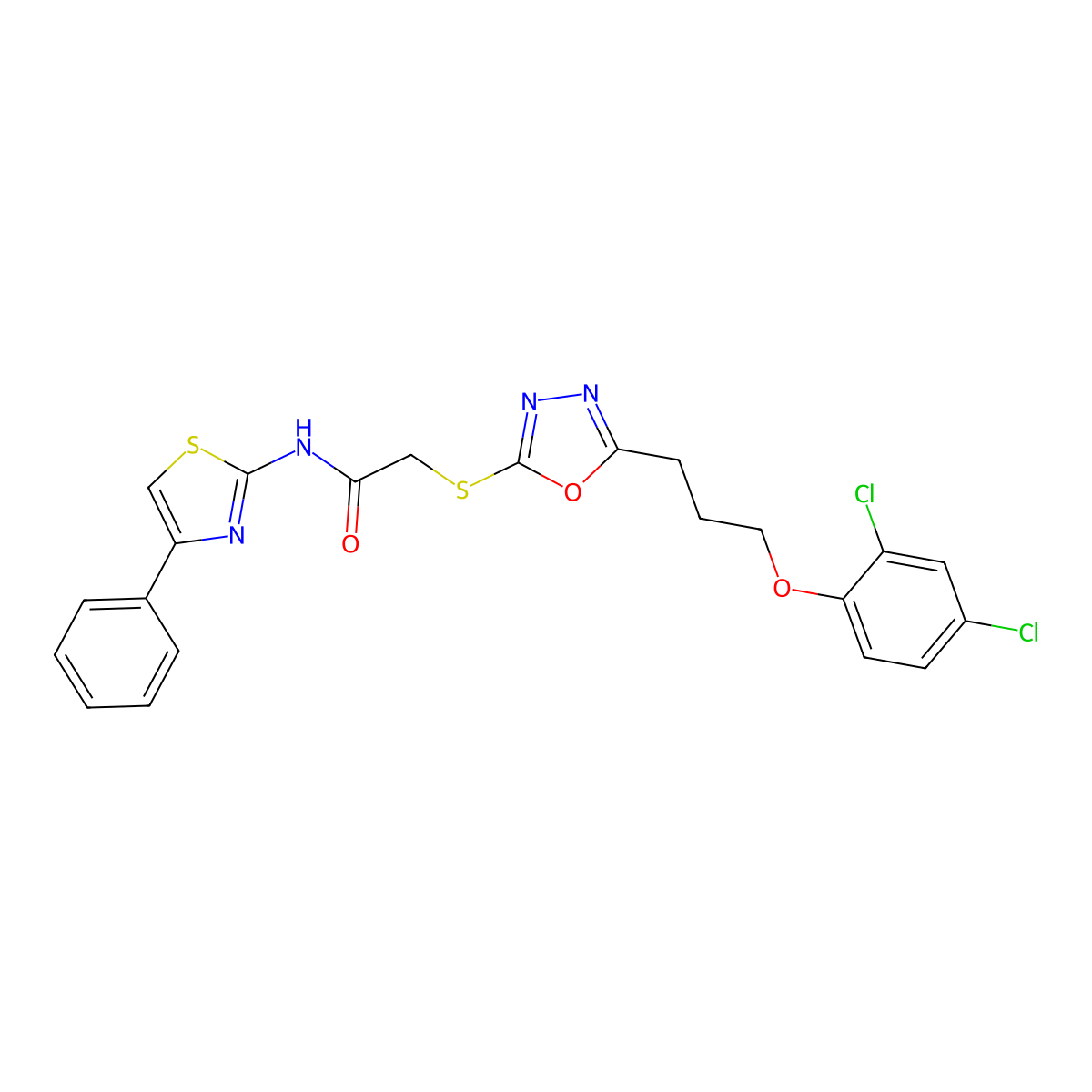 2-({5-[3-(2,4-dichlorophenoxy)propyl]-1,3,4-oxadiazol-2-yl}sulfanyl)-N-(4-phenyl-1,3-thiazol-2-yl)acetamide molecular structure, CAS 737778-94-8