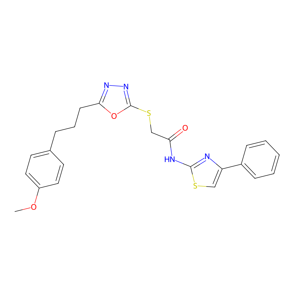2-({5-[3-(4-methoxyphenyl)propyl]-1,3,4-oxadiazol-2-yl}sulfanyl)-N-(4-phenyl-1,3-thiazol-2-yl)acetamide molecular structure, CAS 737779-23-6
