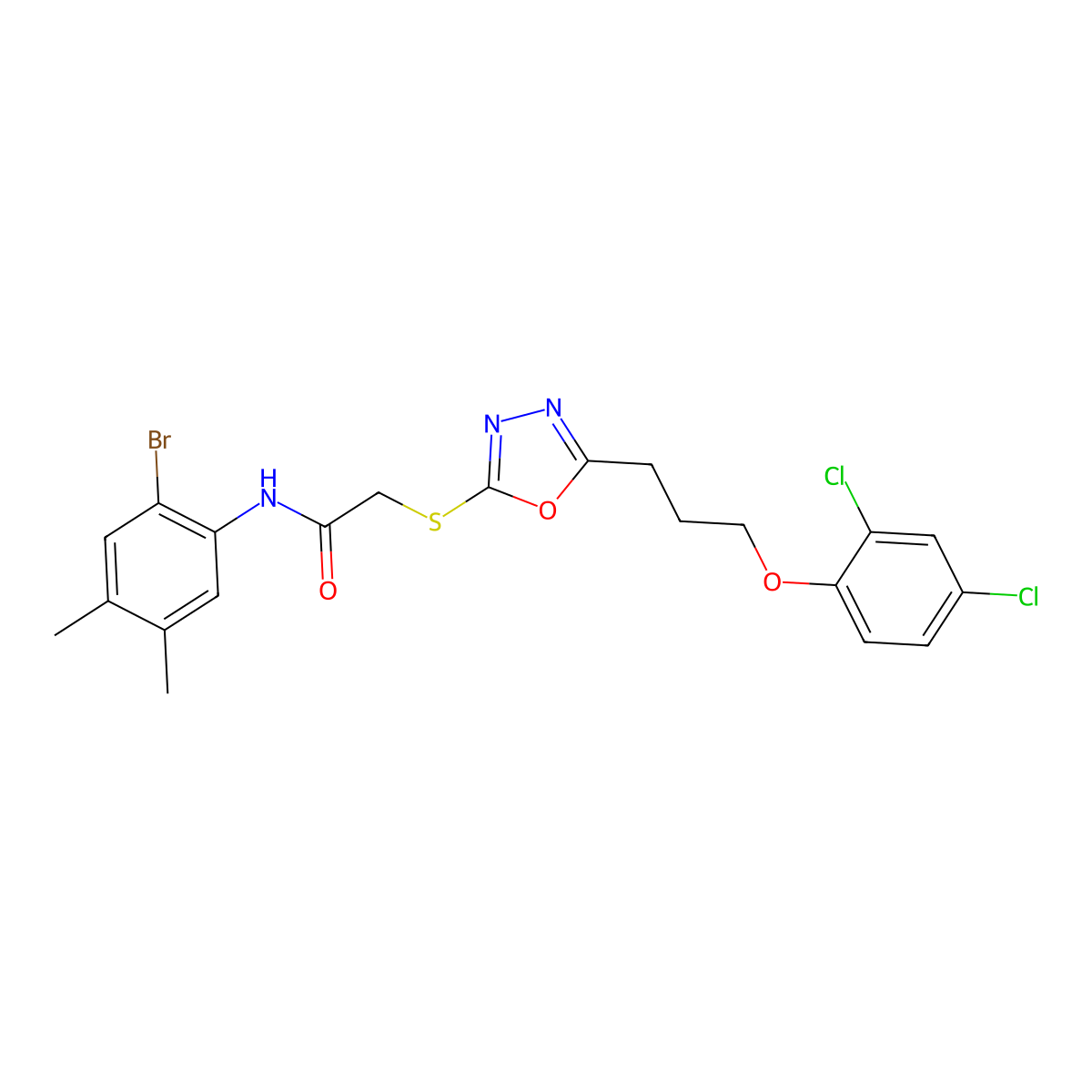 N-(2-bromo-4,5-dimethylphenyl)-2-({5-[3-(2,4-dichlorophenoxy)propyl]-1,3,4-oxadiazol-2-yl}sulfanyl)acetamide molecular structure, CAS 737781-22-5