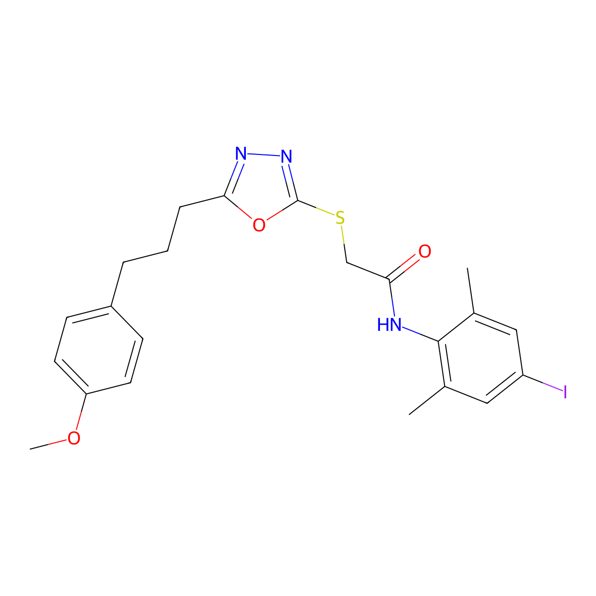 N-(4-iodo-2,6-dimethylphenyl)-2-({5-[3-(4-methoxyphenyl)propyl]-1,3,4-oxadiazol-2-yl}sulfanyl)acetamide molecular structure, CAS 737781-35-0
