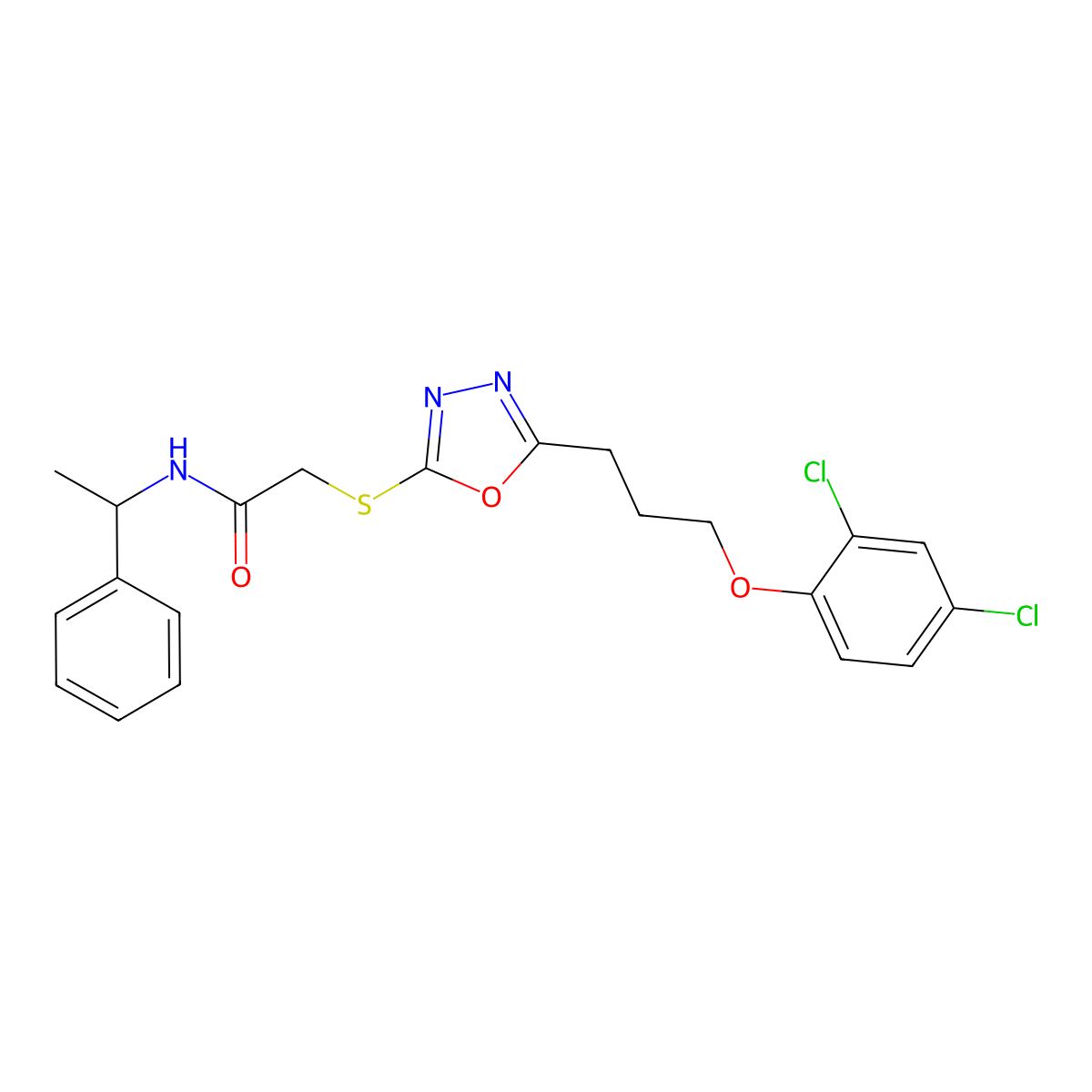 2-({5-[3-(2,4-dichlorophenoxy)propyl]-1,3,4-oxadiazol-2-yl}sulfanyl)-N-(1-phenylethyl)acetamide molecular structure, CAS 737793-96-3