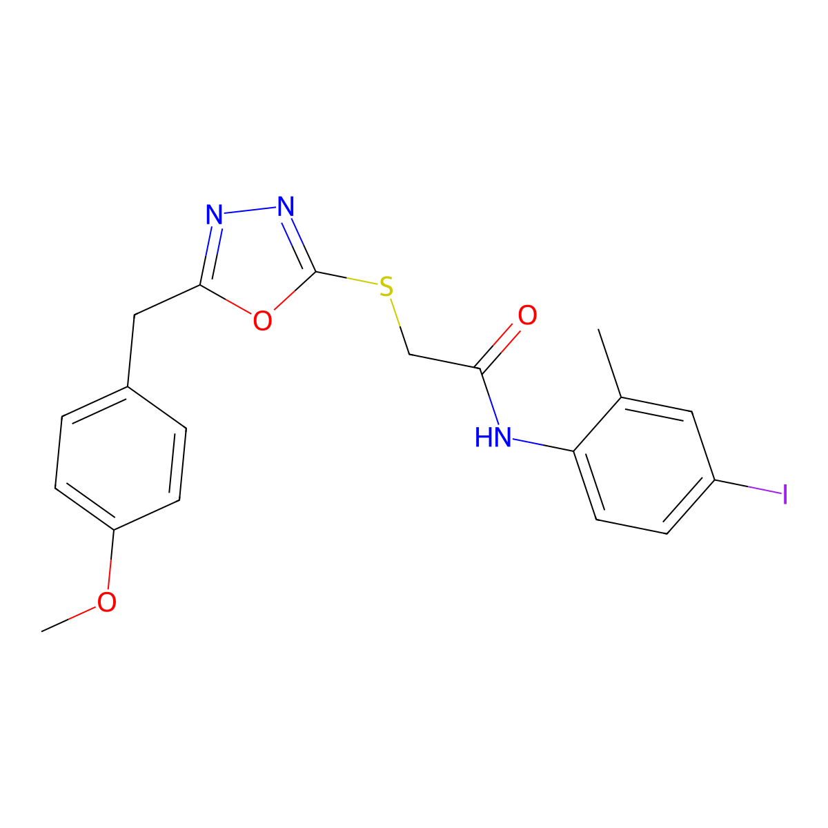 N-(4-iodo-2-methylphenyl)-2-{[5-(4-methoxybenzyl)-1,3,4-oxadiazol-2-yl]sulfanyl}acetamide molecular structure, CAS 737794-85-3