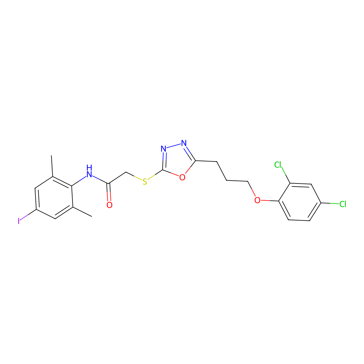 2-({5-[3-(2,4-dichlorophenoxy)propyl]-1,3,4-oxadiazol-2-yl}sulfanyl)-N-(4-iodo-2,6-dimethylphenyl)acetamide molecular structure, CAS 737795-43-6