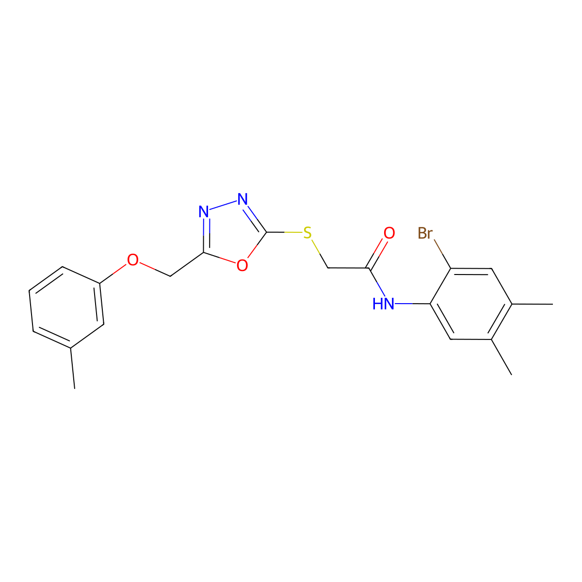 N-(2-bromo-4,5-dimethylphenyl)-2-({5-[(3-methylphenoxy)methyl]-1,3,4-oxadiazol-2-yl}sulfanyl)acetamide molecular structure, CAS 737806-94-9