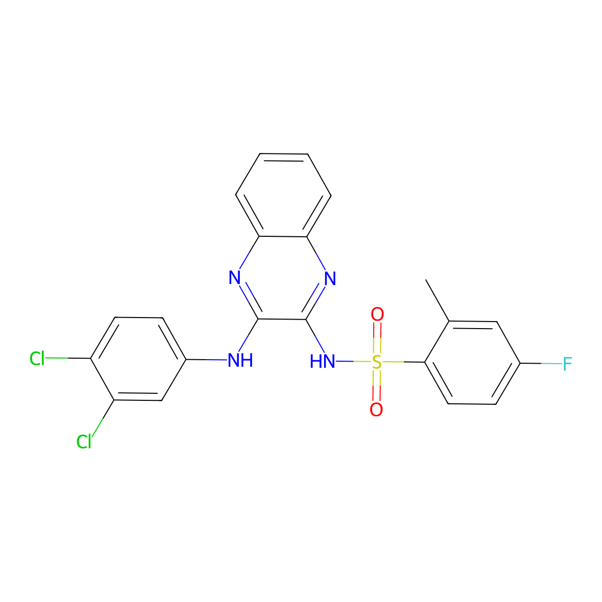 N-{3-[(3,4-dichlorophenyl)amino]quinoxalin-2-yl}-4-fluoro-2-methylbenzene-1-sulfonamide molecular structure, CAS 737816-05-6