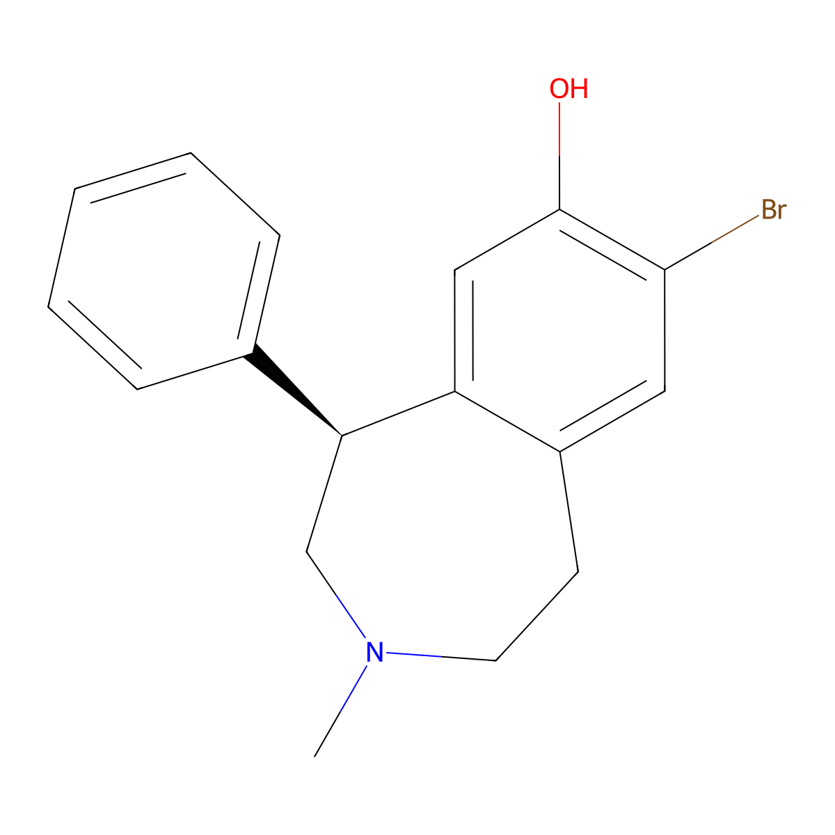 1H-3-Benzazepin-7-ol, 8-bromo-2,3,4,5-tetrahydro-3-methyl-5-phenyl-, (S)- molecular structure, CAS 73799-23-2