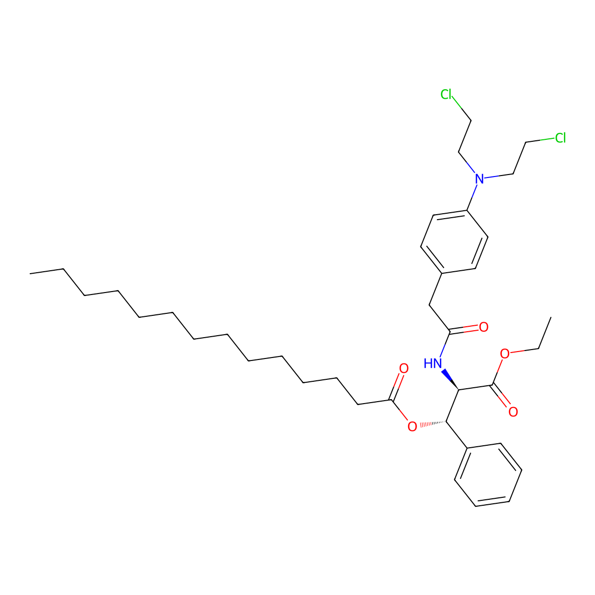 (1S,2R)-2-(2-(4-(bis(2-chloroethyl)amino)phenyl)acetamido)-3-ethoxy-3-oxo-1-phenylpropyl tetradecanoate molecular structure, CAS 73831-78-4