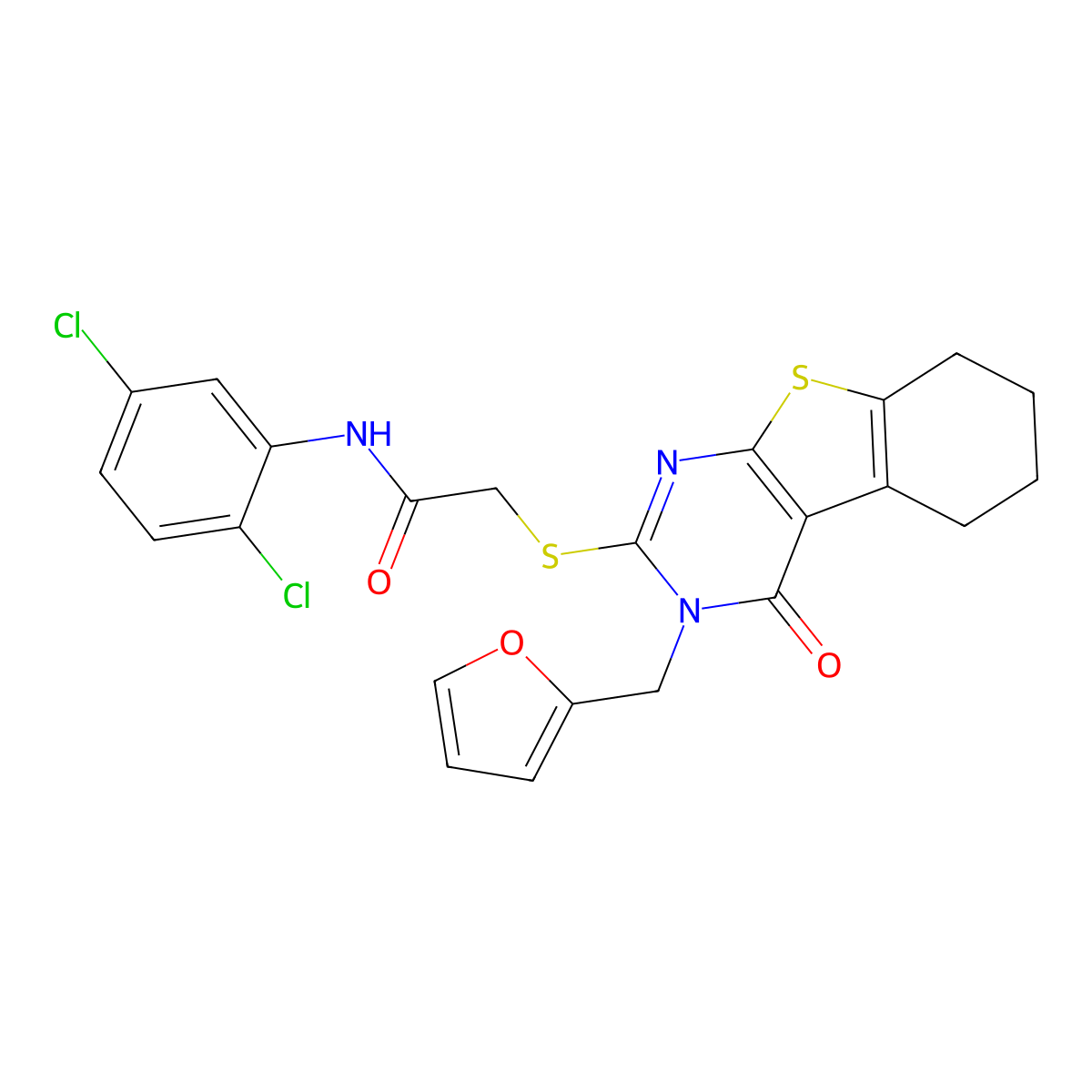N-(2,5-dichlorophenyl)-2-{[3-(furan-2-ylmethyl)-4-oxo-3,4,5,6,7,8-hexahydro[1]benzothieno[2,3-d]pyrimidin-2-yl]sulfanyl}acetamide molecular structure, CAS 738592-31-9