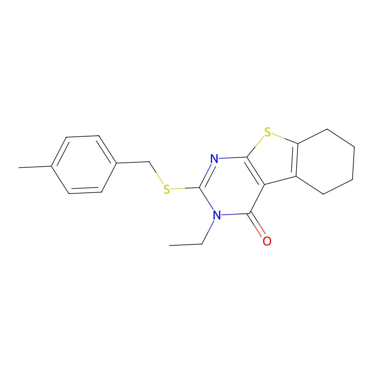 3-ethyl-2-[(4-methylbenzyl)sulfanyl]-5,6,7,8-tetrahydro[1]benzothieno[2,3-d]pyrimidin-4(3H)-one molecular structure, CAS 738592-91-1