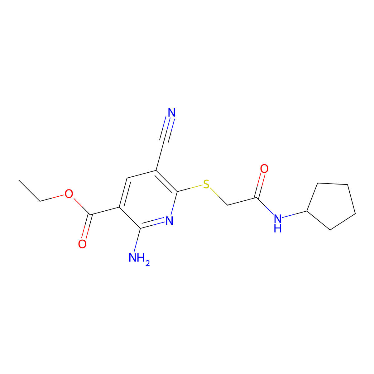 Ethyl 2-amino-5-cyano-6-[2-(cyclopentylamino)-2-oxoethyl]sulfanylpyridine-3-carboxylate molecular structure, CAS 738593-00-5