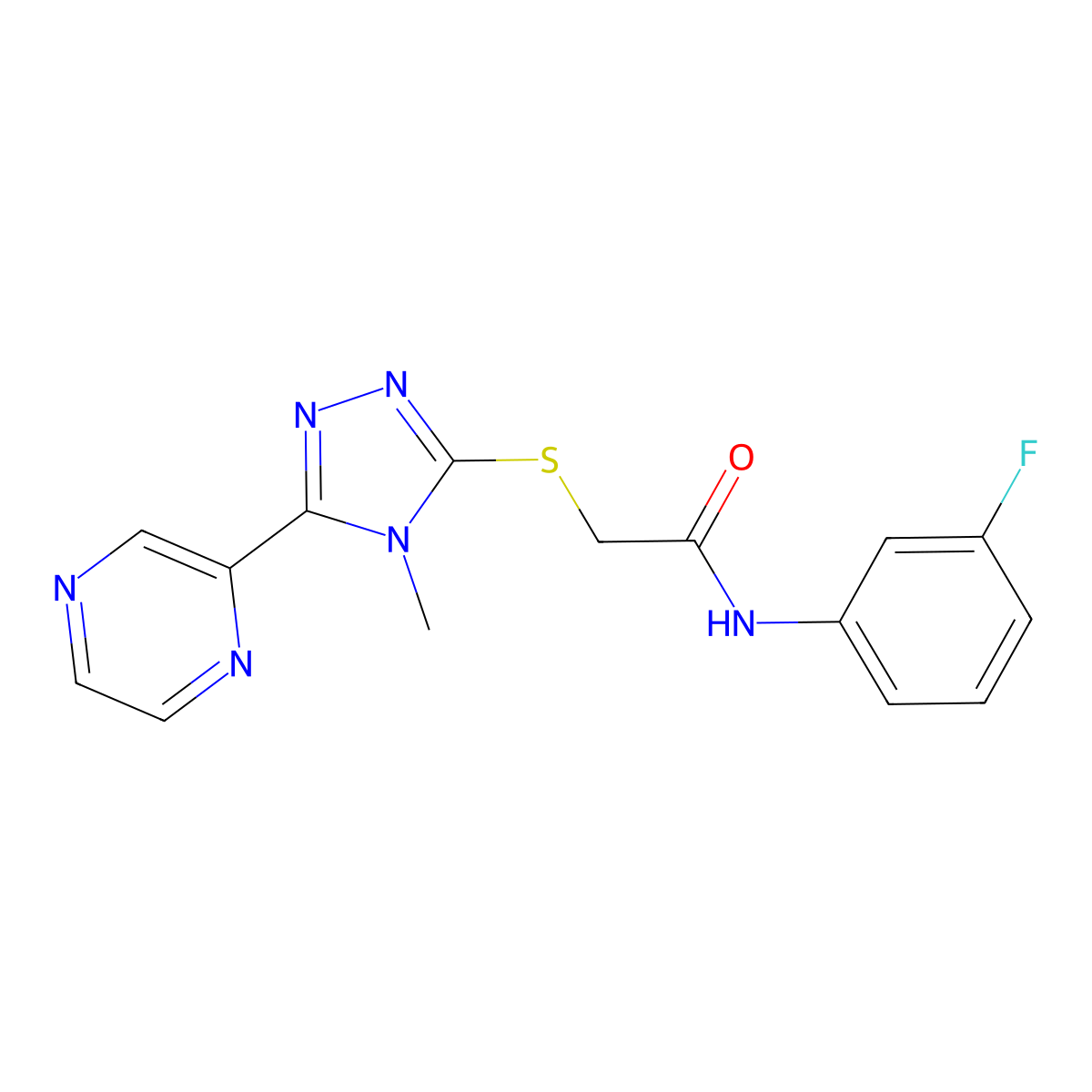 N-(3-fluorophenyl)-2-{[4-methyl-5-(pyrazin-2-yl)-4H-1,2,4-triazol-3-yl]sulfanyl}acetamide molecular structure, CAS 738593-05-0