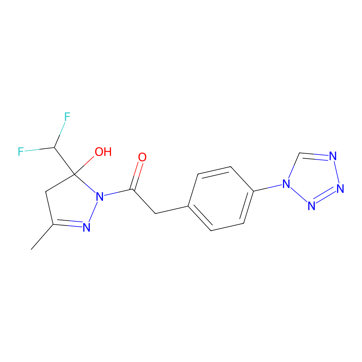 1-[5-(difluoromethyl)-5-hydroxy-3-methyl-4H-pyrazol-1-yl]-2-[4-(tetrazol-1-yl)phenyl]ethanone molecular structure, CAS 738593-17-4
