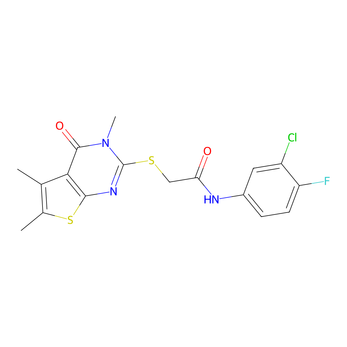 N-(3-chloro-4-fluorophenyl)-2-[(3,5,6-trimethyl-4-oxo-3,4-dihydrothieno[2,3-d]pyrimidin-2-yl)sulfanyl]acetamide molecular structure, CAS 738607-97-1
