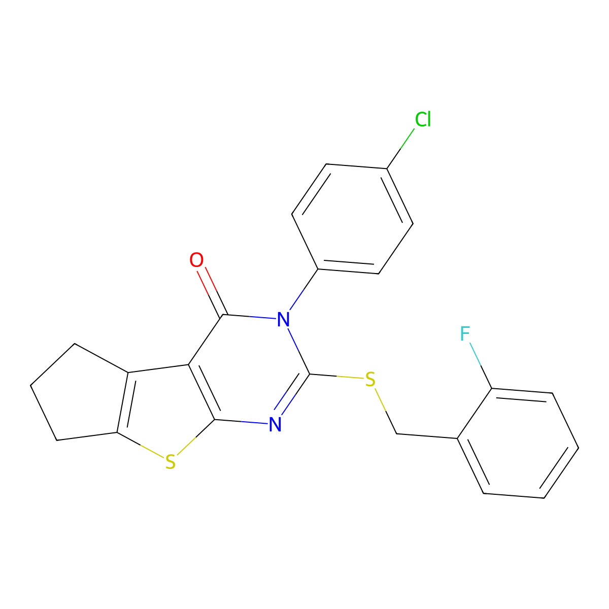 3-(4-chlorophenyl)-2-[(2-fluorobenzyl)sulfanyl]-3,5,6,7-tetrahydro-4H-cyclopenta[4,5]thieno[2,3-d]pyrimidin-4-one molecular structure, CAS 738608-43-0