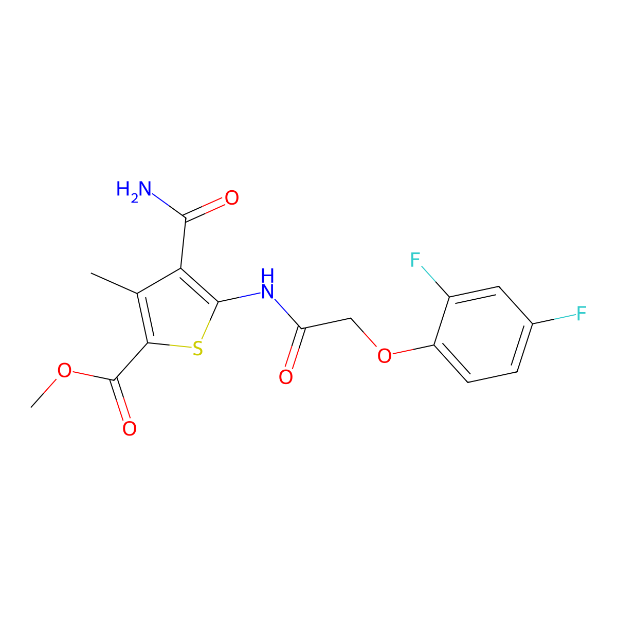 Methyl 4-carbamoyl-5-{[(2,4-difluorophenoxy)acetyl]amino}-3-methylthiophene-2-carboxylate molecular structure, CAS 738608-99-6