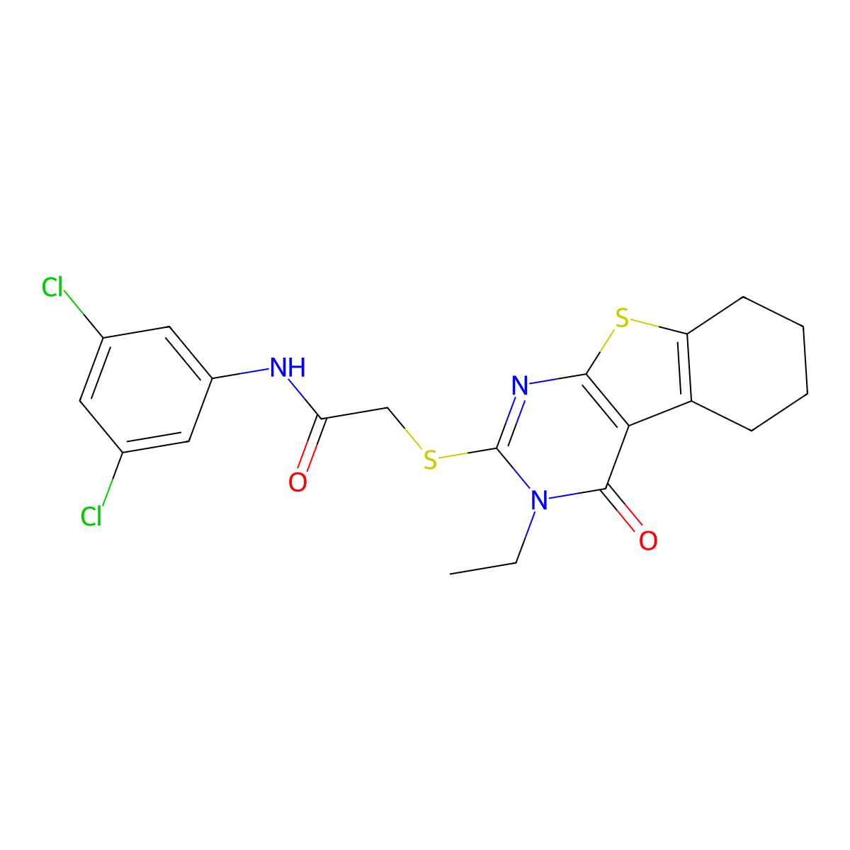 N-(3,5-dichlorophenyl)-2-[(3-ethyl-4-oxo-3,4,5,6,7,8-hexahydro[1]benzothieno[2,3-d]pyrimidin-2-yl)sulfanyl]acetamide molecular structure, CAS 738611-91-1