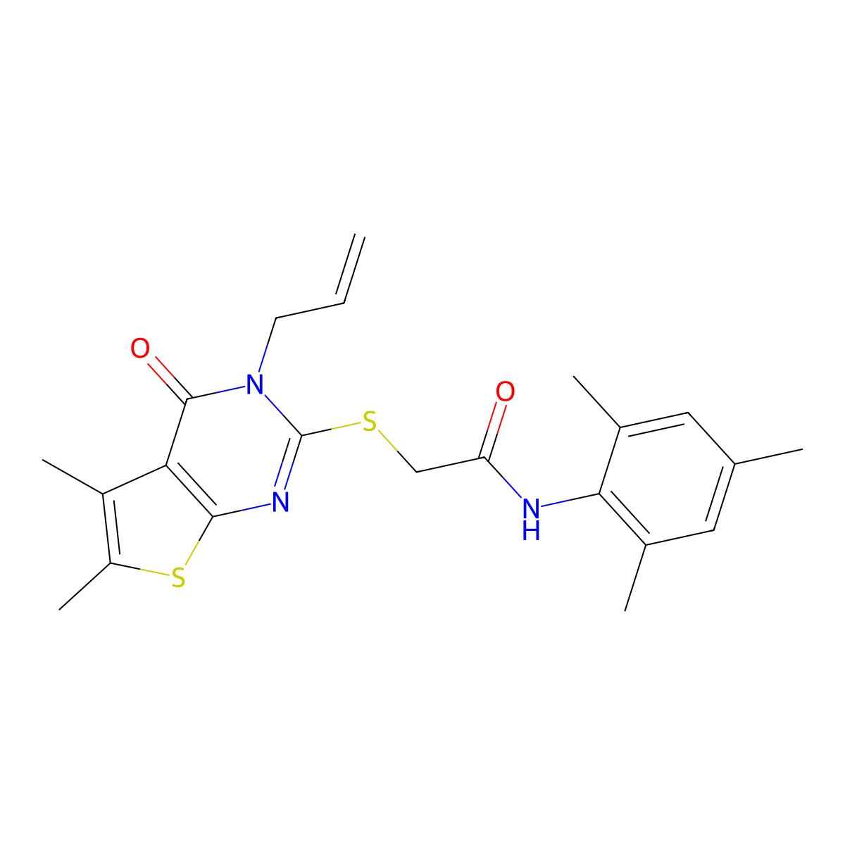 2-(5,6-dimethyl-4-oxo-3-prop-2-enyl(3-hydrothiopheno[2,3-d]pyrimidin-2-ylthio))-N-(2,4,6-trimethylphenyl)acetamide molecular structure, CAS 738612-06-1