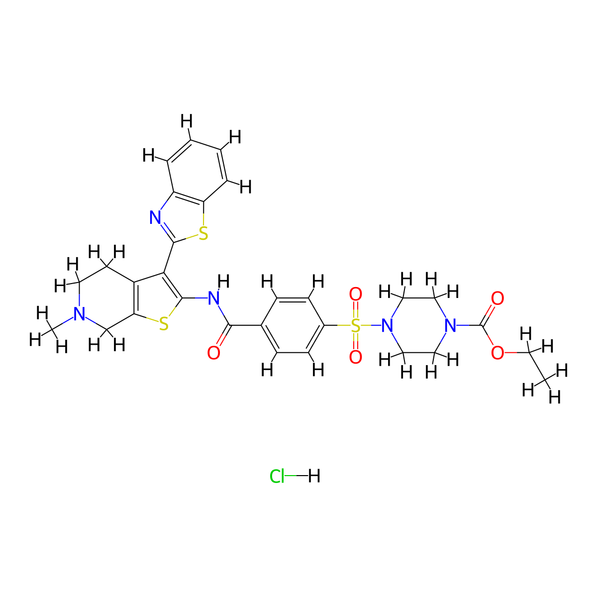 Ethyl 4-((4-((3-(benzo[d]thiazol-2-yl)-6-methyl-4,5,6,7-tetrahydrothieno[2,3-c]pyridin-2-yl)carbamoyl)phenyl)sulfonyl)piperazine-1-carboxylate hydrochloride molecular structure, CAS 738620-43-4