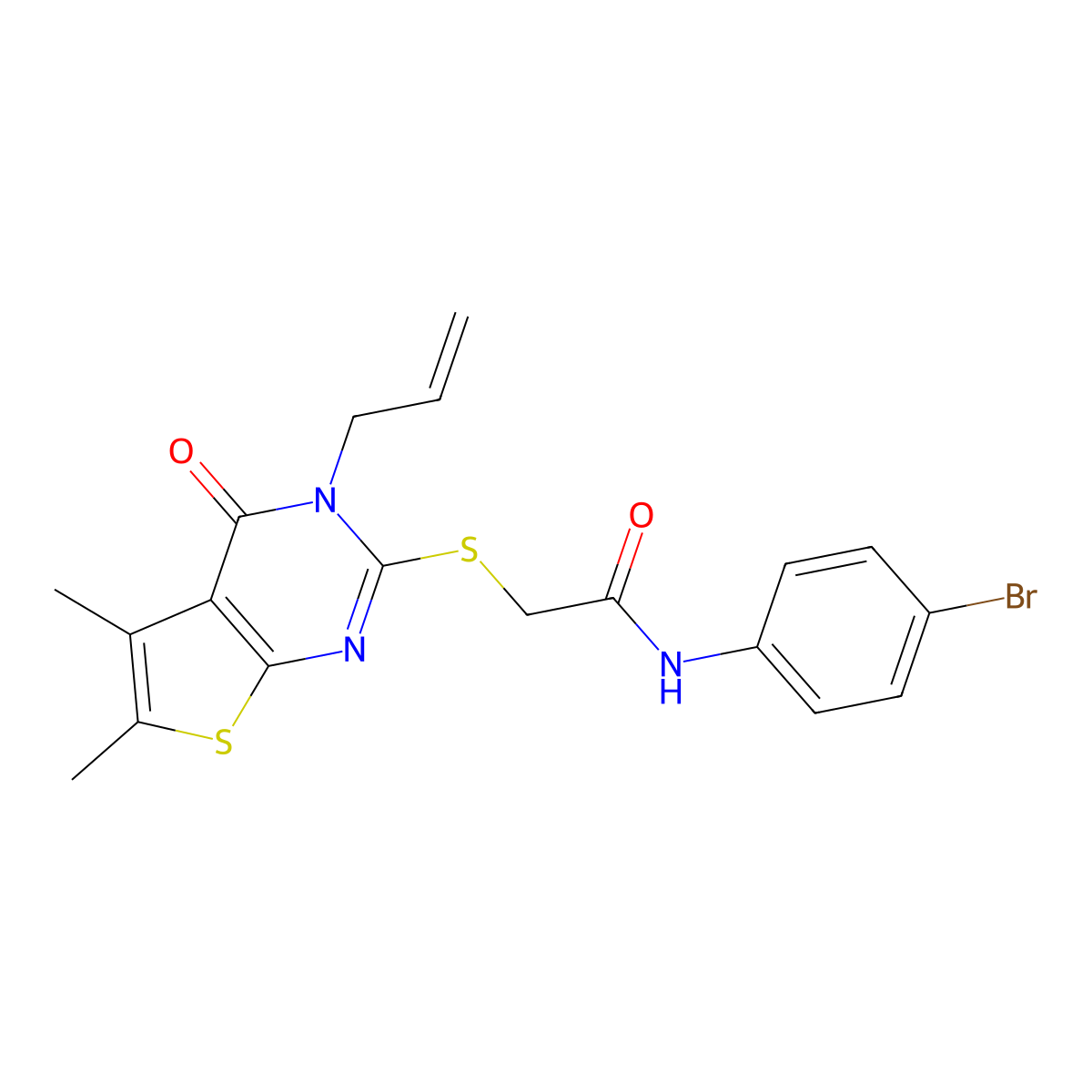 2-((3-allyl-5,6-dimethyl-4-oxo-3,4-dihydrothieno[2,3-d]pyrimidin-2-yl)thio)-N-(4-bromophenyl)acetamide molecular structure, CAS 738621-91-5