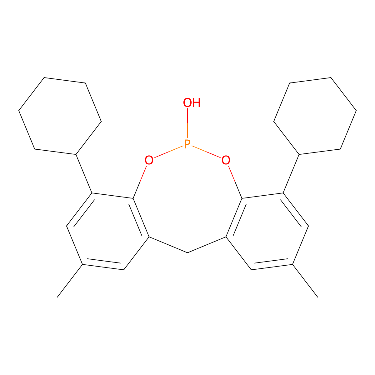 12H-Dibenzo[d,g][1,3,2]dioxaphosphocin, 4,8-dicyclohexyl-6-hydroxy-2,10-dimethyl- molecular structure, CAS 73912-21-7