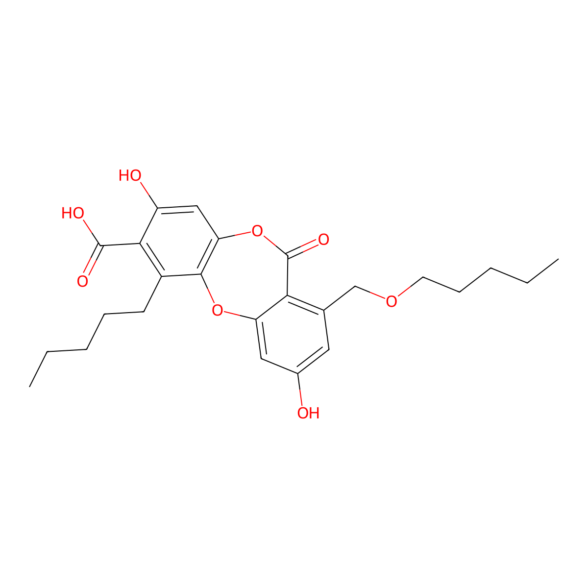 11H-Dibenzo(b,e)(1,4)dioxepin-7-carboxylic acid, 3,8-dihydroxy-1-pentoxymethyl-6-pentyl-11-oxo- molecular structure, CAS 73927-67-0