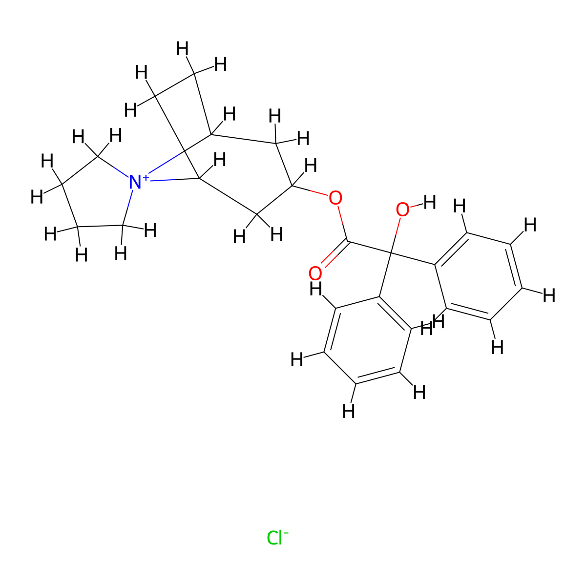 Spiro(8-azoniabicyclo(3.2.1)octane-8,1'-pyrrolidinium), 3-hydroxy-, chloride, benzilate molecular structure, CAS 73954-17-3