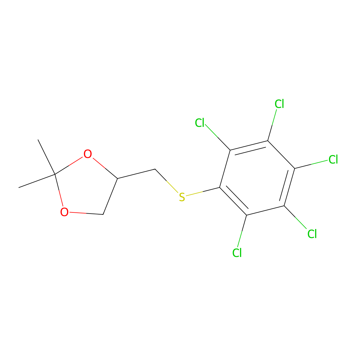 1,3-Dioxolane, 2,2-dimethyl-4-((pentachlorophenylthio)methyl)- molecular structure, CAS 73987-11-8
