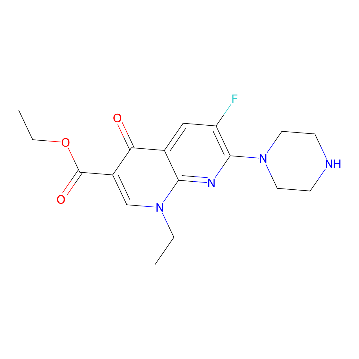 Ethyl 1-ethyl-6-fluoro-4-oxo-7-(piperazin-1-yl)-1,4-dihydro-1,8-naphthyridine-3-carboxylate molecular structure, CAS 74011-30-6