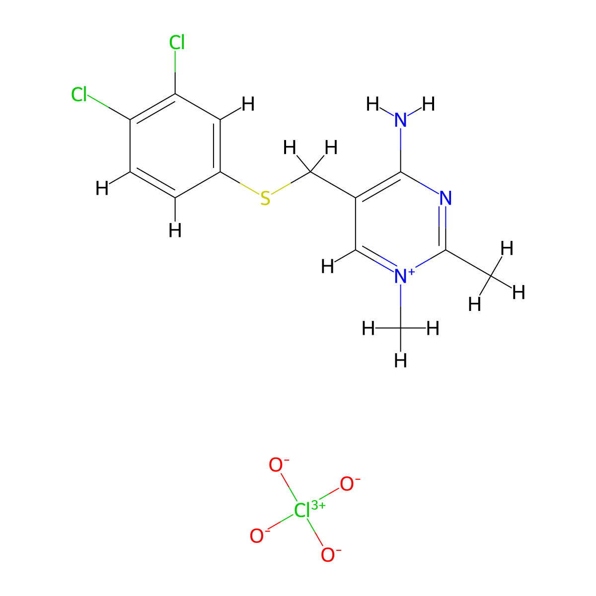 4-Amino-5-{[(3,4-dichlorophenyl)sulfanyl]methyl}-1,2-dimethylpyrimidin-1-ium perchlorate molecular structure, CAS 74029-84-8