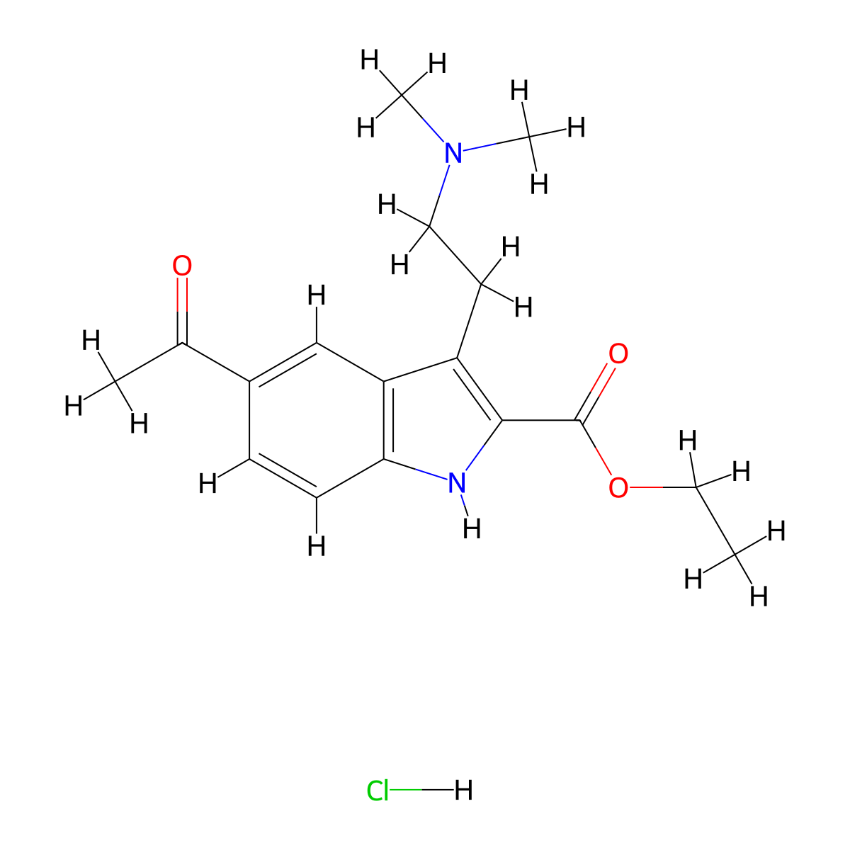2-Indolecarboxylic acid, 5-acetyl-3-((2-dimethylamino)ethyl)-, ethyl ester, hydrochloride molecular structure, CAS 74038-97-4
