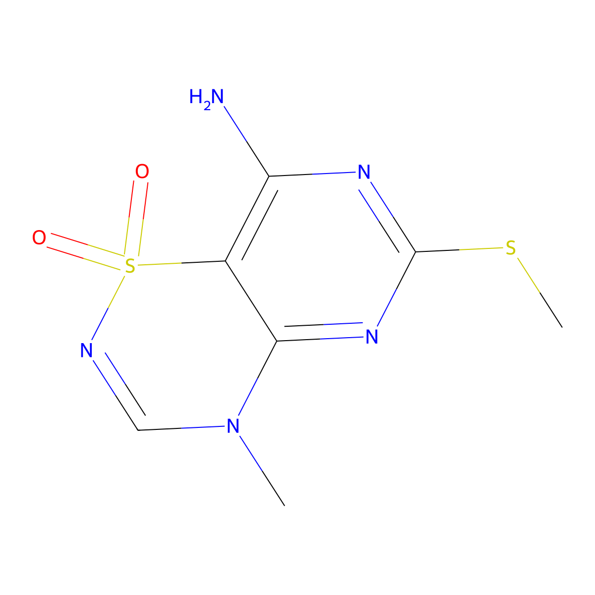 4H-Pyrimido(4,5-e)-1,2,4-thiadiazine, 8-amino-4-methyl-6-(methylthio)-, 1,1-dioxide molecular structure, CAS 74039-27-3