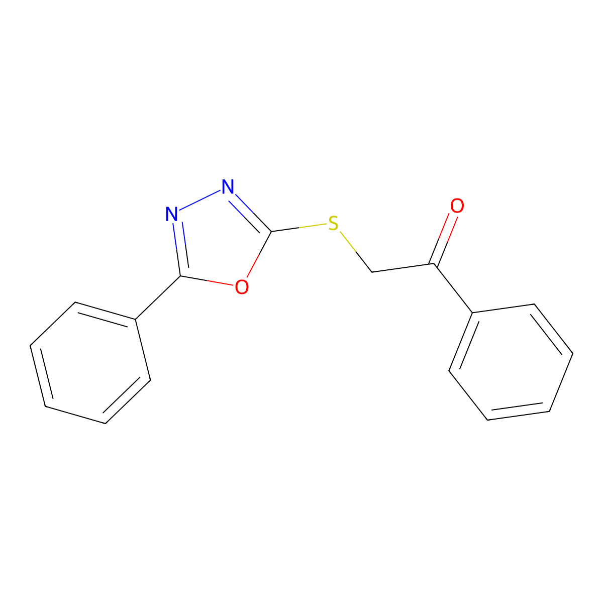 1-Phenyl-2-((5-phenyl-1,3,4-oxadiazol-2-yl)thio)ethanone molecular structure, CAS 74087-90-4
