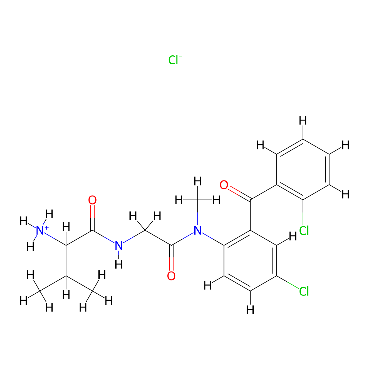 Butyramide, 2-amino-N-(((4-chloro-2-(o-chlorobenzoyl)phenyl)methylcarbamoyl)methyl)-3-methyl-, hydrochloride, hydrate (2:1:2) molecular structure, CAS 74088-48-5