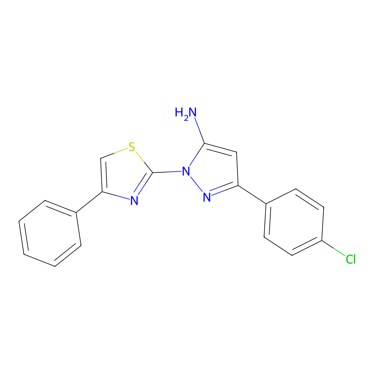 1H-Pyrazol-5-amine, 3-(4-chlorophenyl)-1-(4-phenyl-2-thiazolyl)- molecular structure, CAS 74101-10-3