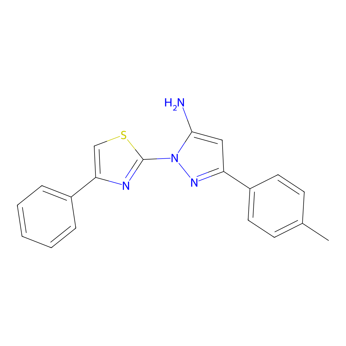 1H-Pyrazol-5-amine, 3-(4-methylphenyl)-1-(4-phenyl-2-thiazolyl)- molecular structure, CAS 74101-12-5