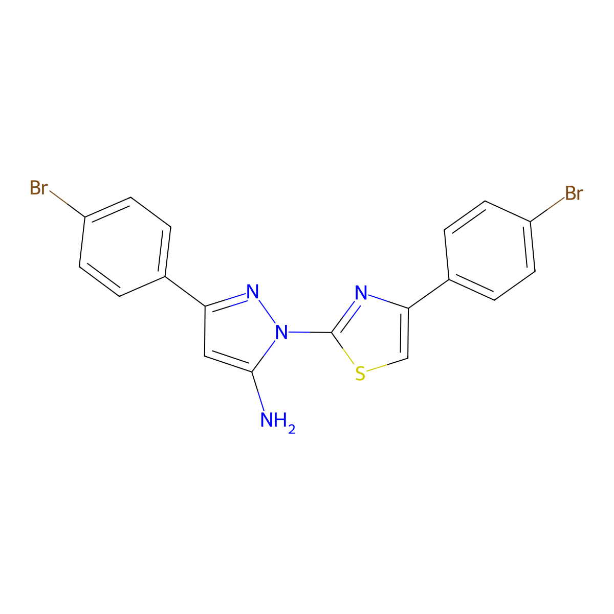 1H-Pyrazol-5-amine, 3-(4-bromophenyl)-1-(4-(4-bromophenyl)-2-thiazolyl)- molecular structure, CAS 74101-15-8