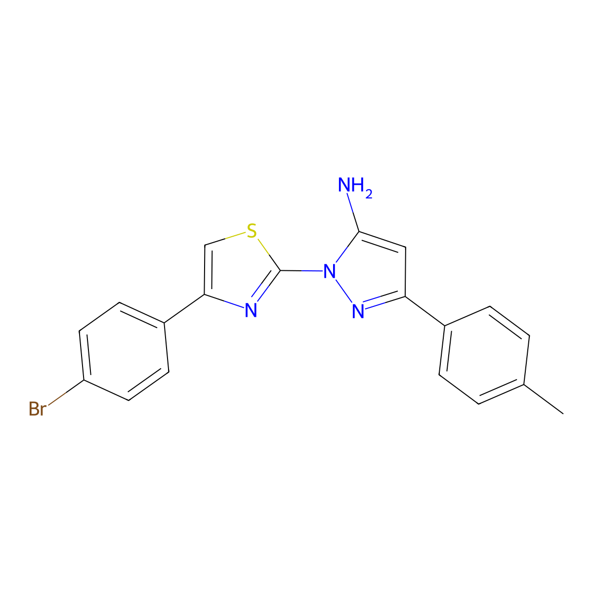 1H-Pyrazol-5-amine, 1-(4-(4-bromophenyl)-2-thiazolyl)-3-(4-methylphenyl)- molecular structure, CAS 74101-16-9