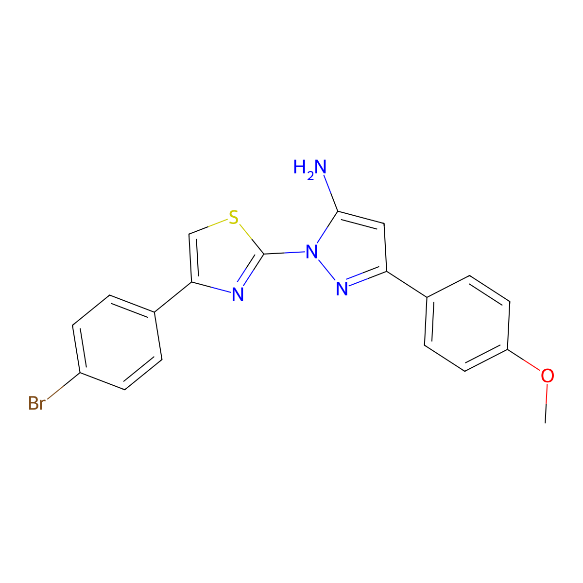 1H-Pyrazol-5-amine, 1-(4-(4-bromophenyl)-2-thiazolyl)-3-(4-methoxyphenyl)- molecular structure, CAS 74101-17-0