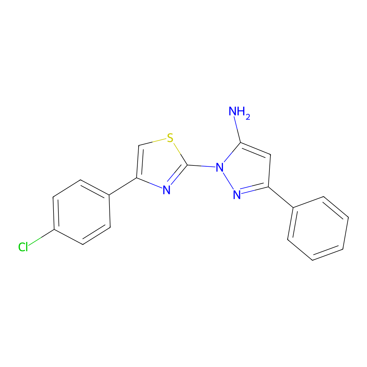1H-Pyrazol-5-amine, 1-(4-(4-chlorophenyl)-2-thiazolyl)-3-phenyl- molecular structure, CAS 74101-18-1