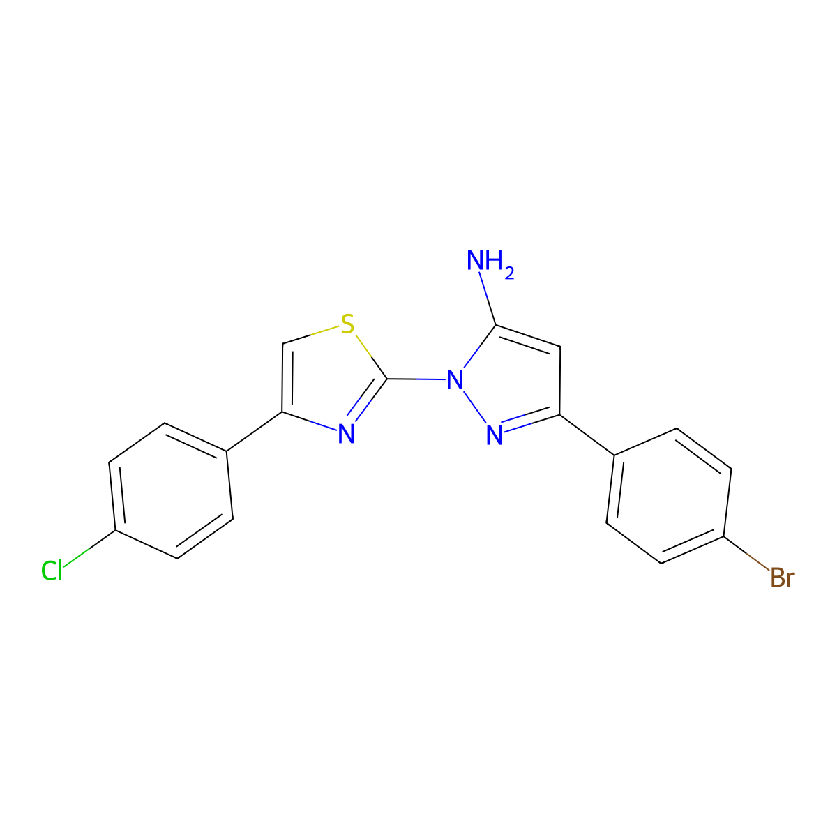 1H-Pyrazol-5-amine, 3-(4-bromophenyl)-1-(4-(4-chlorophenyl)-2-thiazolyl)- molecular structure, CAS 74101-19-2
