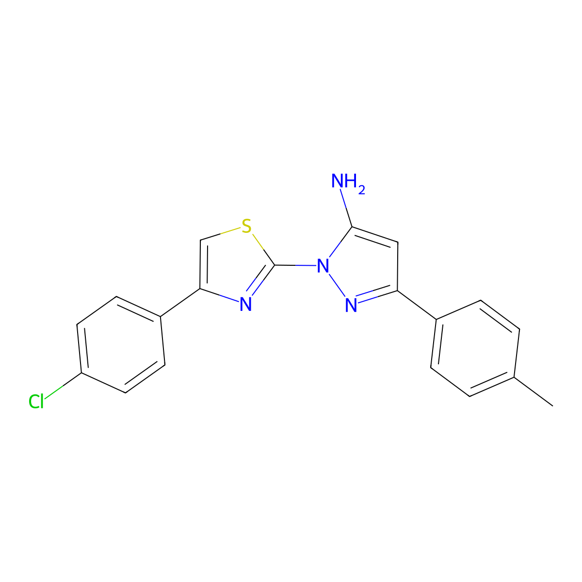 1H-Pyrazol-5-amine, 1-(4-(4-chlorophenyl)-2-thiazolyl)-3-(4-methylphenyl)- molecular structure, CAS 74101-21-6