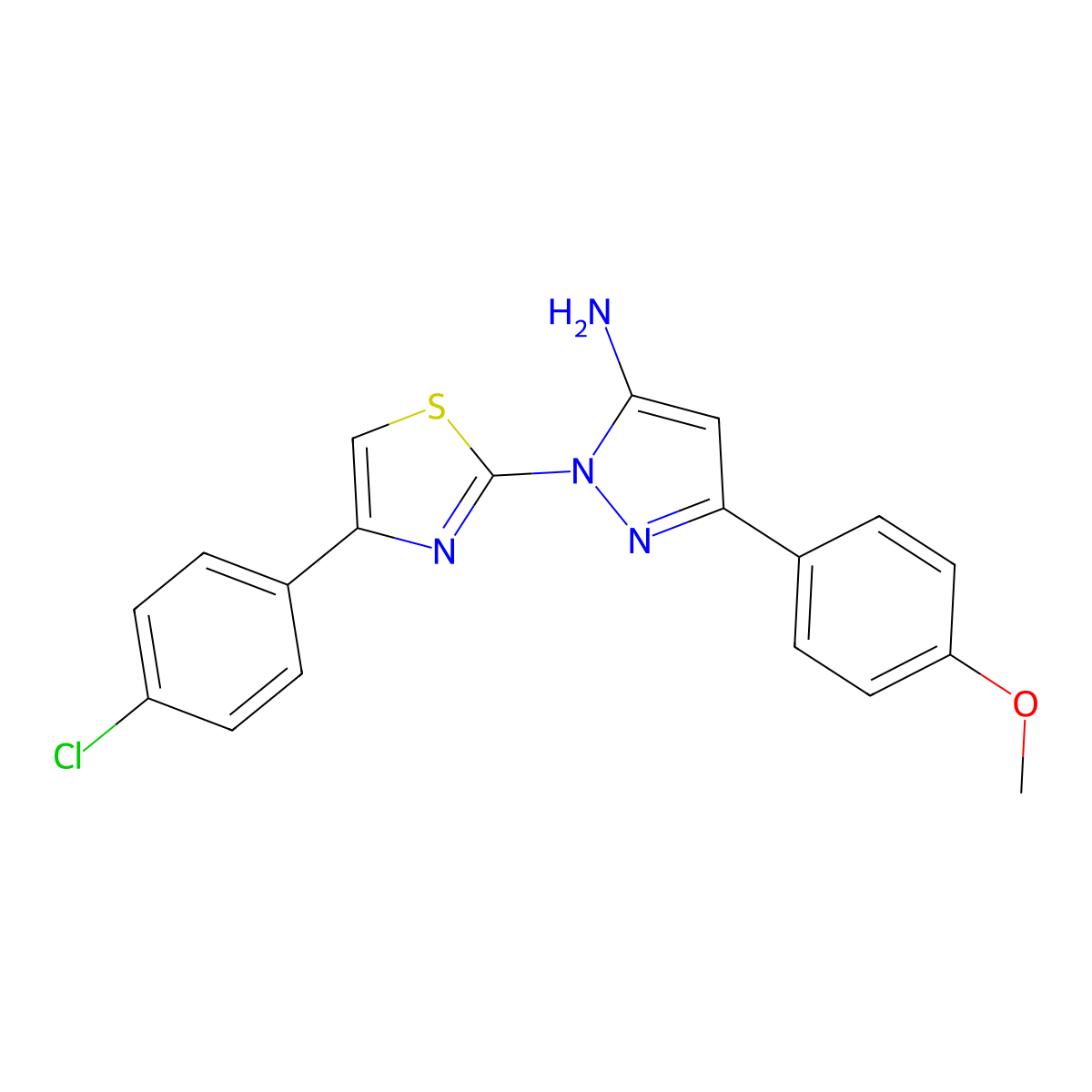 1H-Pyrazol-5-amine, 1-(4-(4-chlorophenyl)-2-thiazolyl)-3-(4-methoxyphenyl)- molecular structure, CAS 74101-22-7