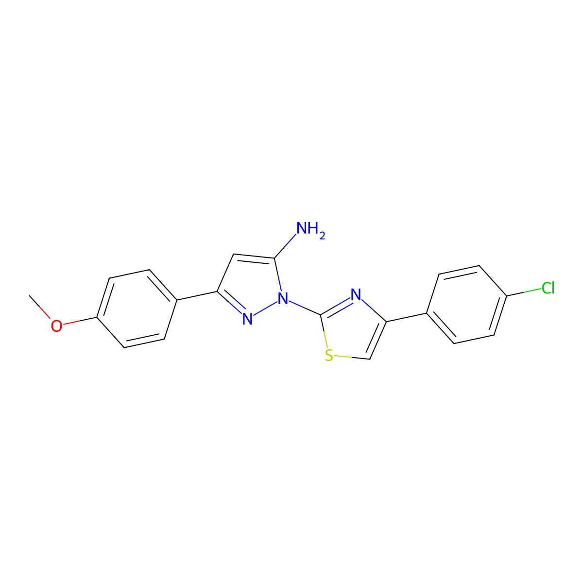 1H-Pyrazol-5-amine, 1-(4-(4-chlorophenyl)-2-thiazolyl)-3-(4-methoxyphenyl)- molecular structure, CAS 74101-22-7
